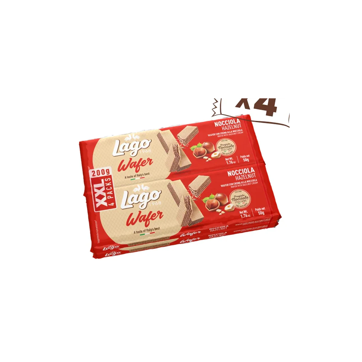 Официална опаковка Lago Класически вафли – лешник, 200 г · 4 × 50g, артикул 148