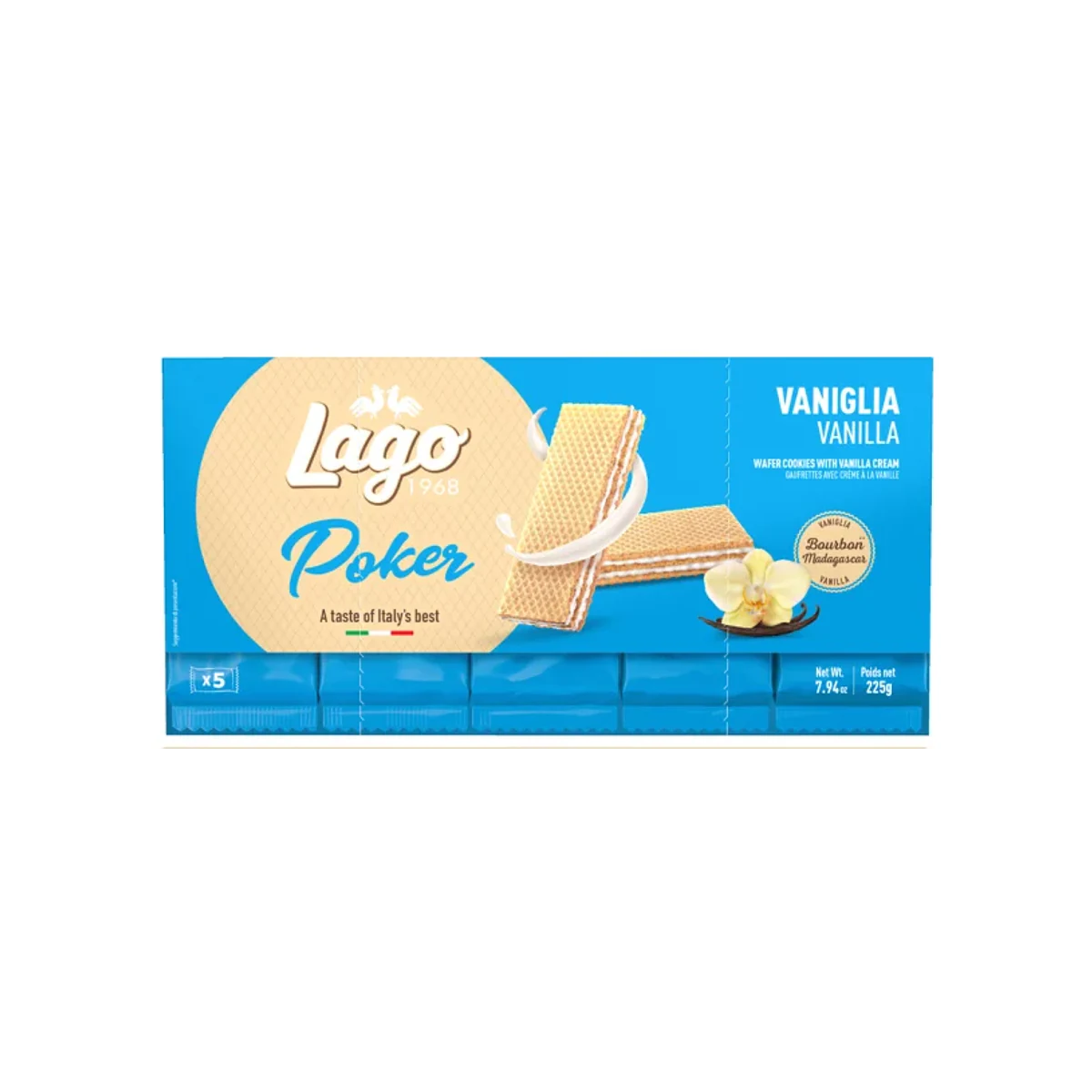 Официална опаковка Lago Poker – ванилия, 225 г · 5 × 45g, артикул 302