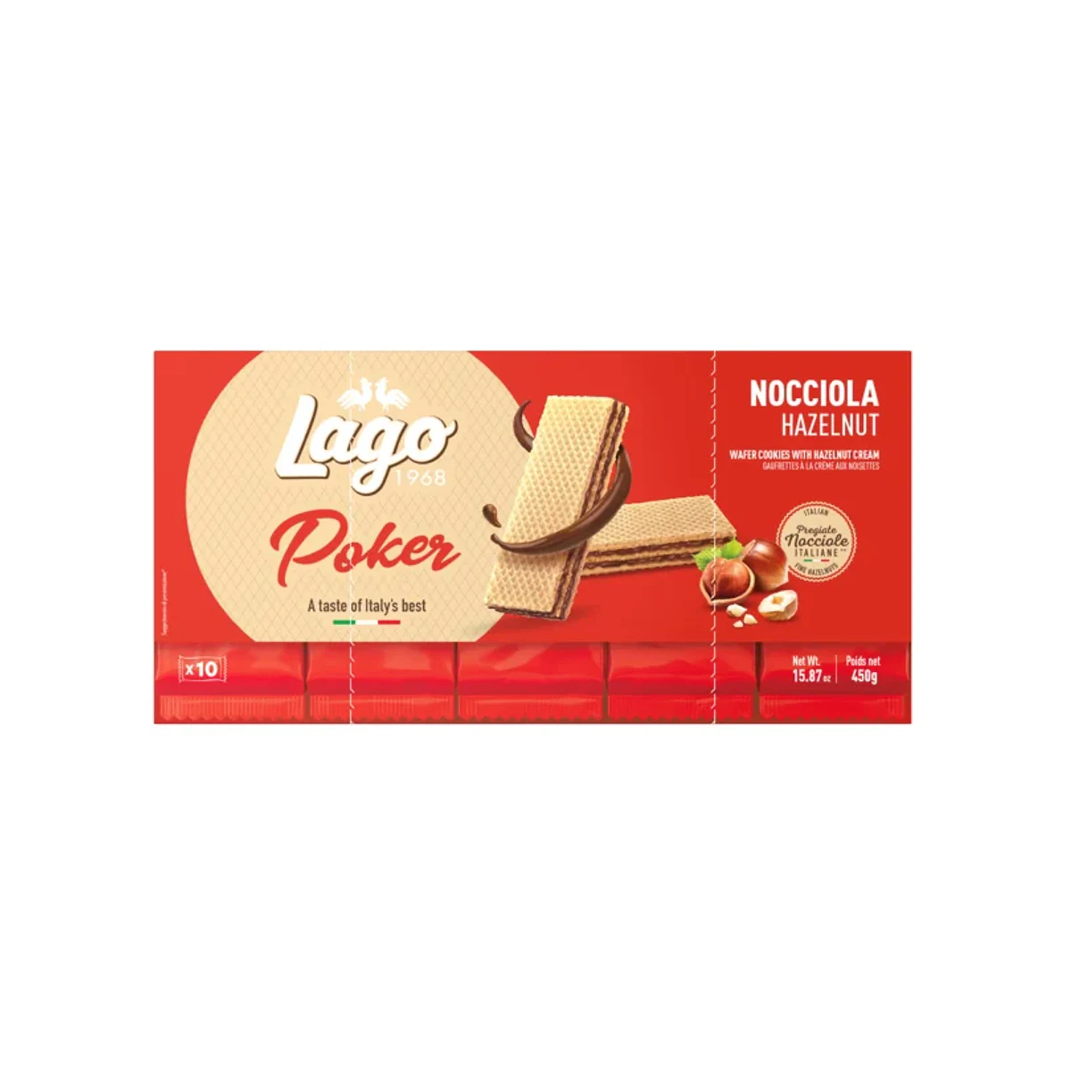 Официална опаковка Lago Poker – лешник, 450 г · 10 × 45g, артикул 311
