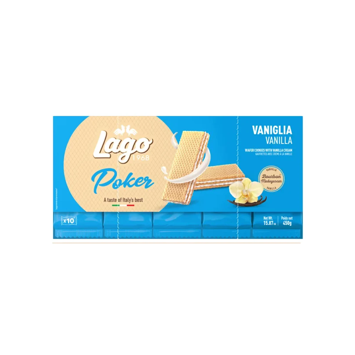 Официална опаковка Lago Poker – ванилия, 450 г · 10 × 45g, артикул 312