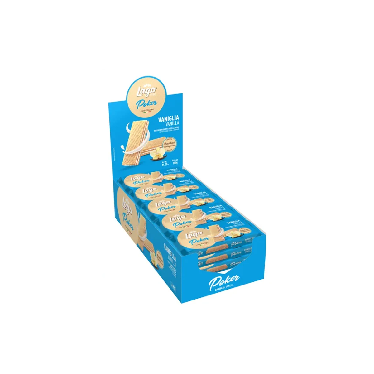 Официална опаковка Lago Poker – ванилия, 900 г · 20 × 45g, артикул 322