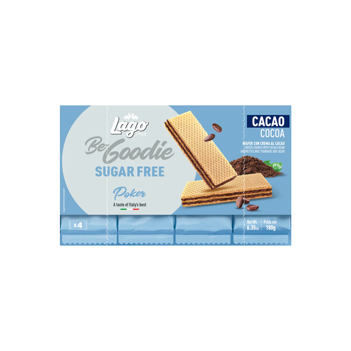 Официална опаковка Lago Be-Goodie Poker без захар – какао, 180 г · 4 × 45g, артикул 365