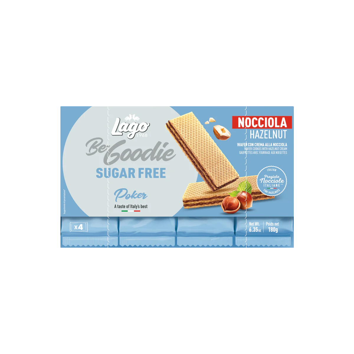 Официална опаковка Lago Be-Goodie Poker без захар – лешник, 180 г · 4 × 45g, артикул 366