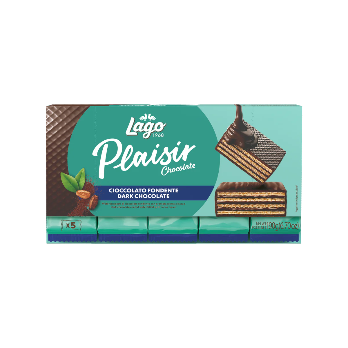 Официална опаковка Lago Plaisir Chocolate – черен шоколад, 190 г · 5 × 38g, артикул 400