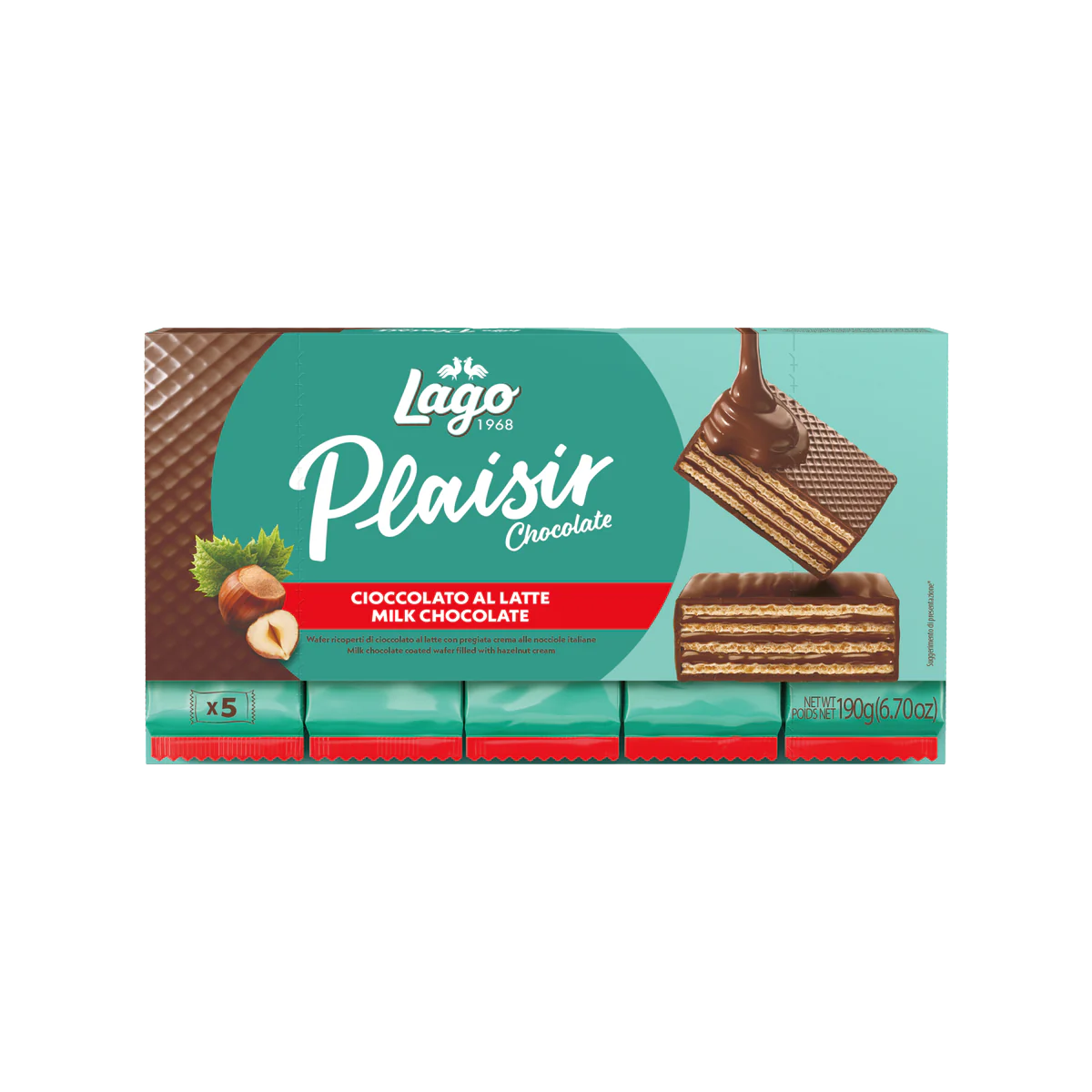Официална опаковка Lago Plaisir Chocolate – млечен шоколад, 190 г · 5 × 38g, артикул 401