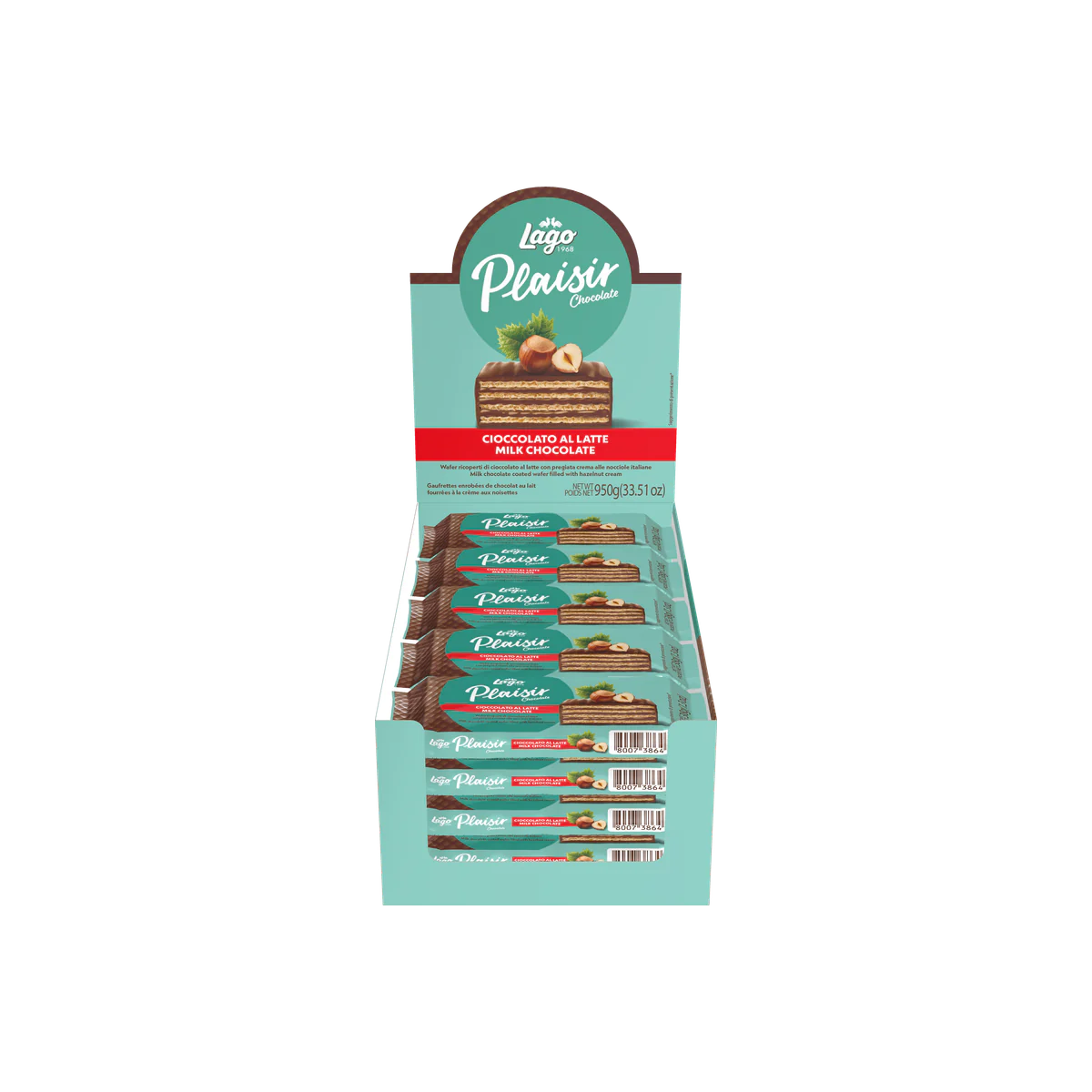 Официална опаковка Lago Plaisir Chocolate – млечен шоколад, 950 г · 25 × 38g, артикул 411
