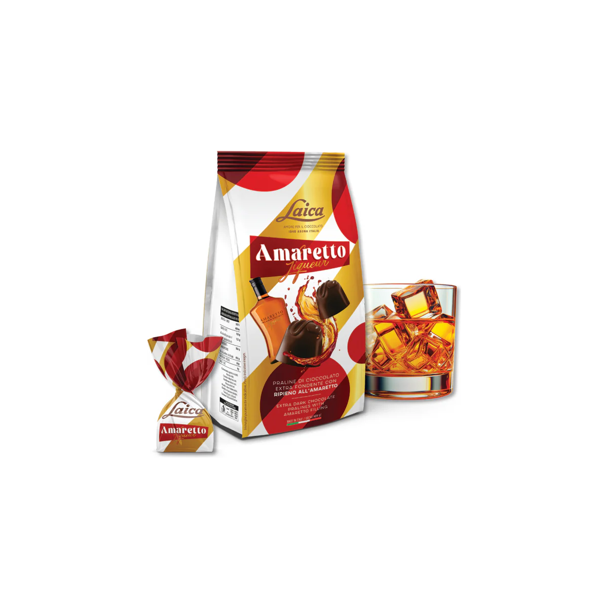 Официална опаковка Laica Шоколадови бонбони – екстра черен шоколад с Amaretto, 90 g, артикул C4624.01