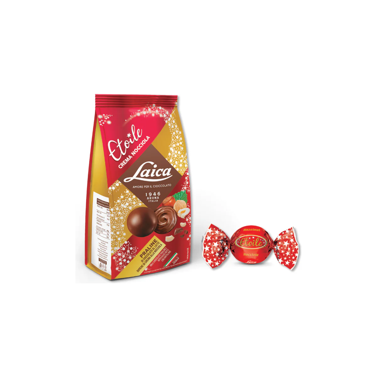 Официална опаковка Laica Etoile – бонбони от млечен шоколад с лешник, 90 g, артикул C6590