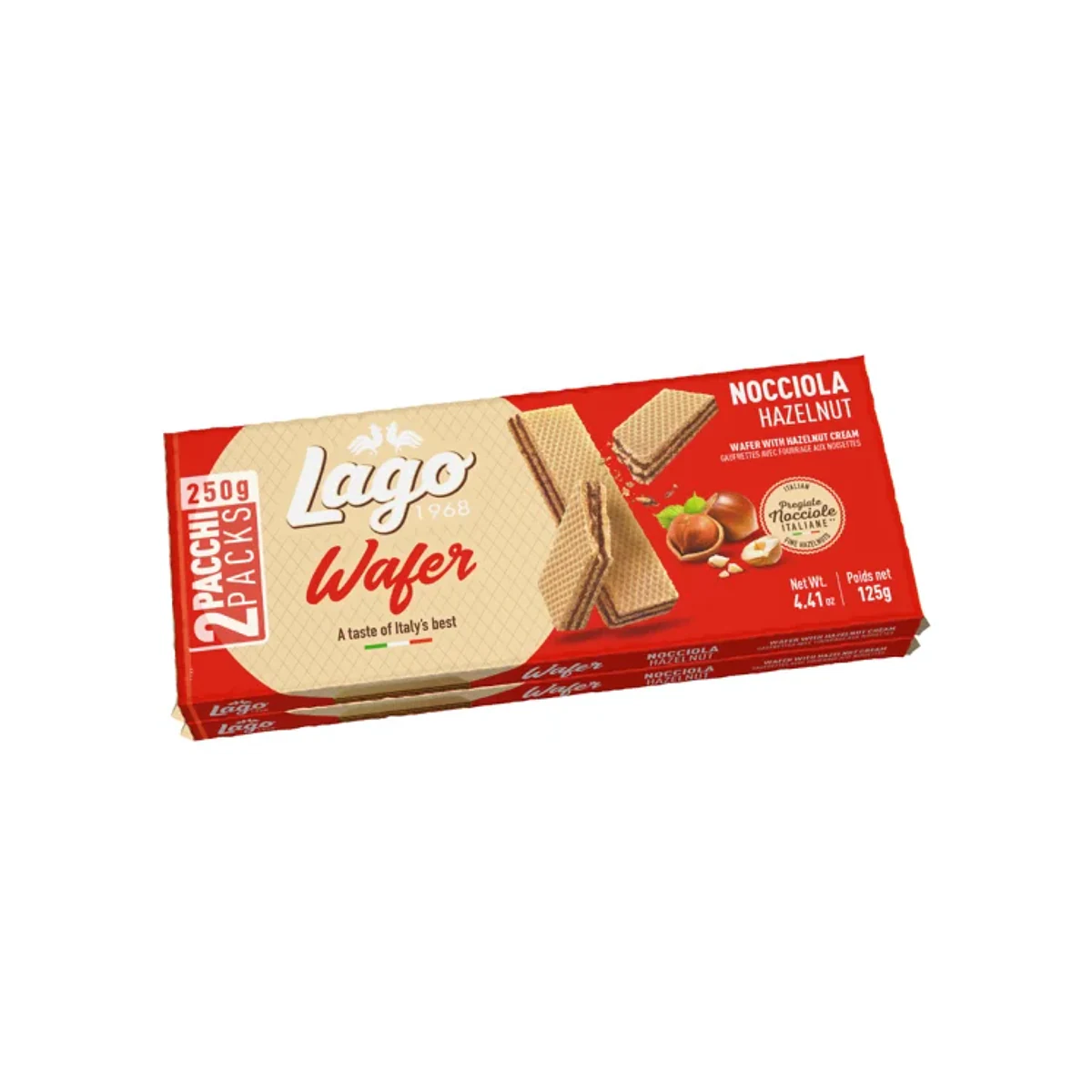 Официална опаковка Lago Класически вафли – лешник, 250 г · 2 × 125g, артикул 117