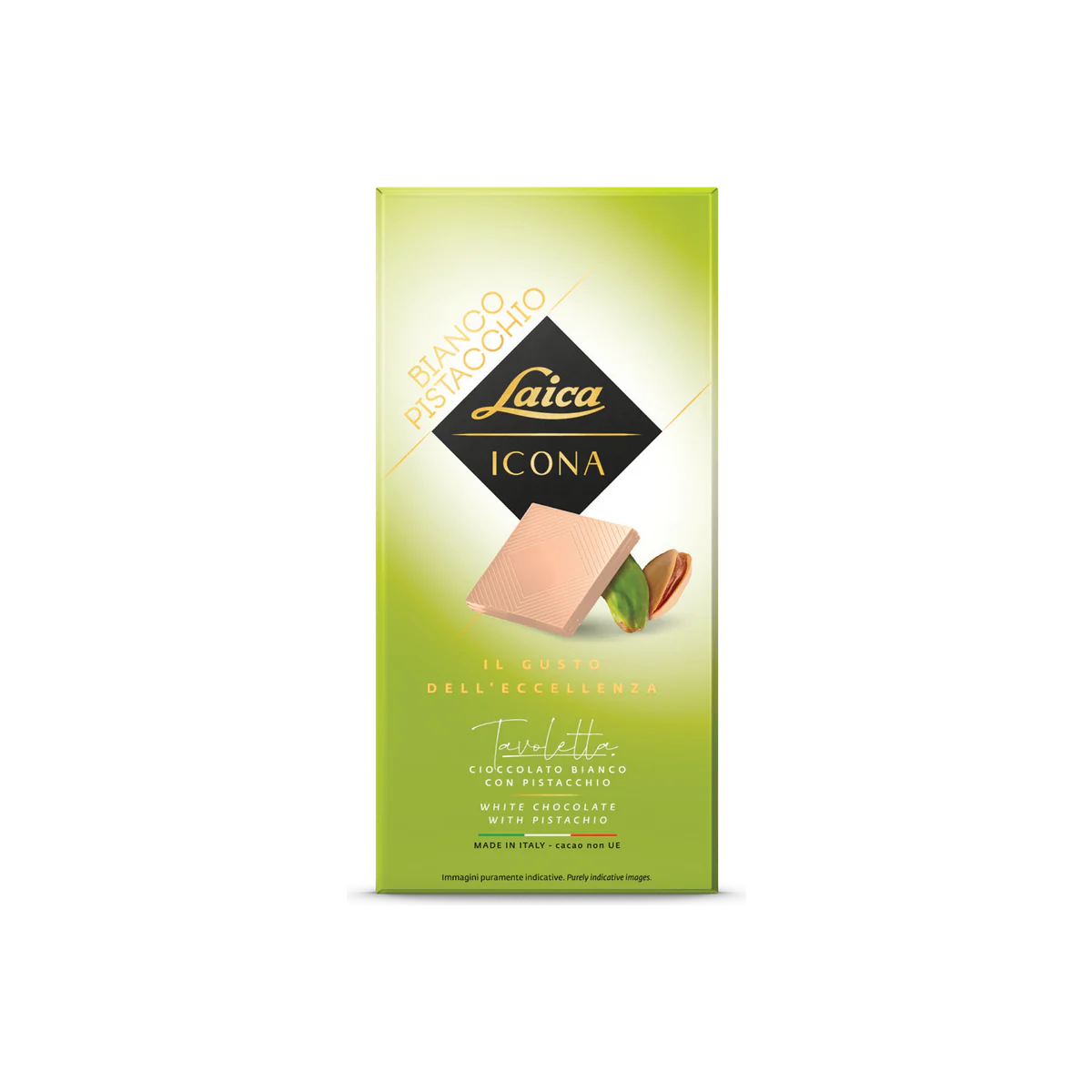 Официална опаковка Laica Шоколадова плочка – бял шоколад с шамфъстък, 100 g, артикул C5606