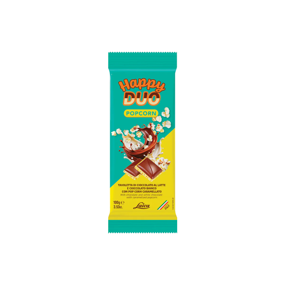 Официална опаковка Laica Happy Duo – плочка от бял шоколад с карамелизирани пуканки, 100 g, артикул C6550