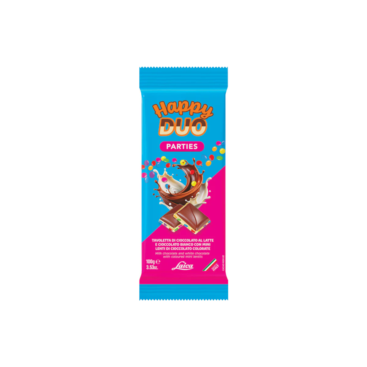 Официална опаковка Laica Happy Duo – плочка от бял шоколад, 100 g, артикул C6551